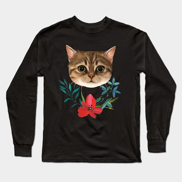 Tabby Cat With Flowers Long Sleeve T-Shirt by vanityvibes